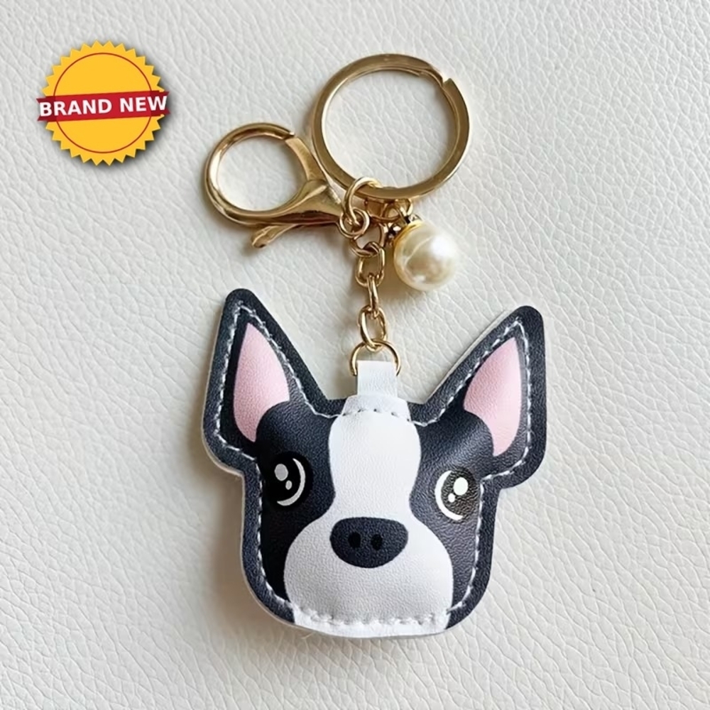 Unbranded Black & White Boston Terrier Dog Keychain with Pink Ear Accents